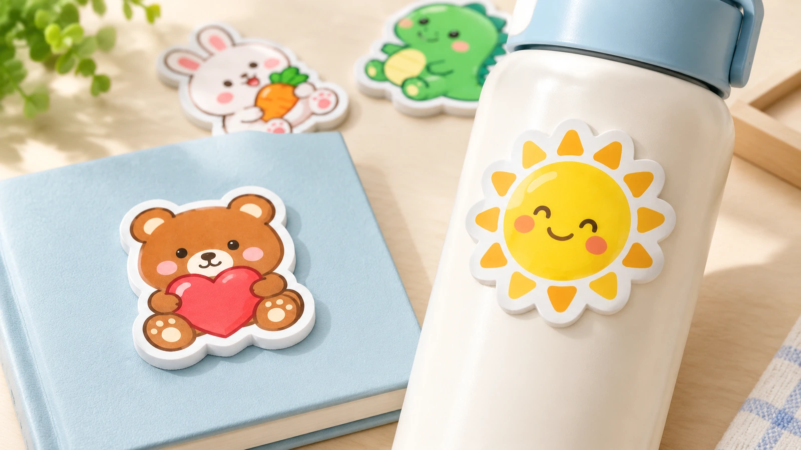 Adesivo in schiuma a forma di orso su un quaderno blu e adesivo in schiuma a forma di sole su una bottiglia bianca