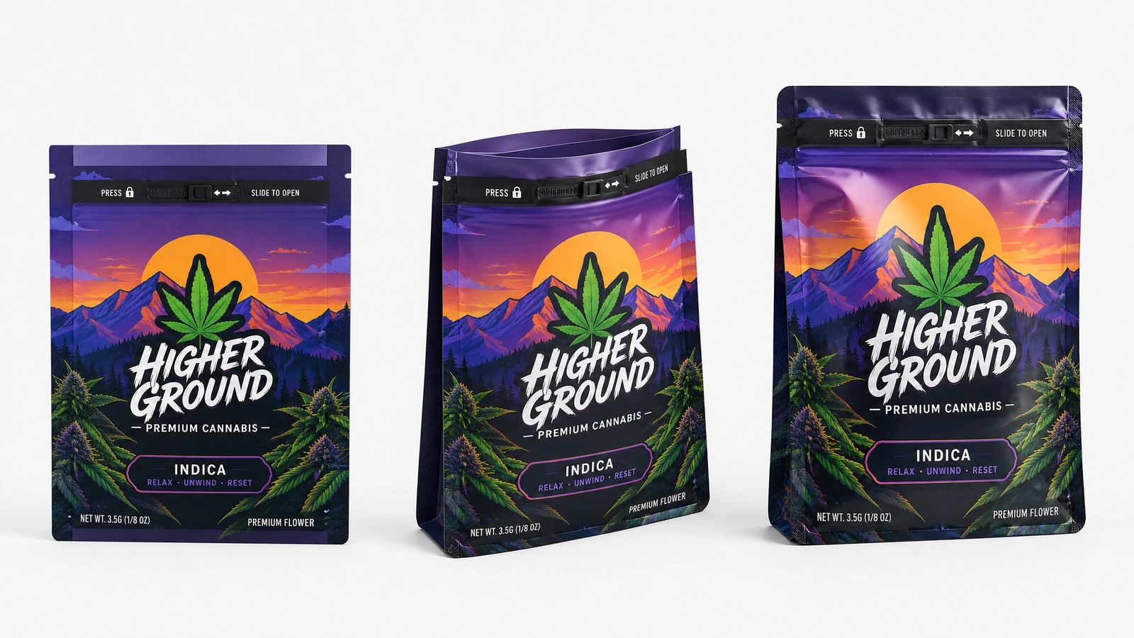 Viste di profilo delle buste stampate Tre viste di buste viola con grafiche di montagna e foglia di cannabis