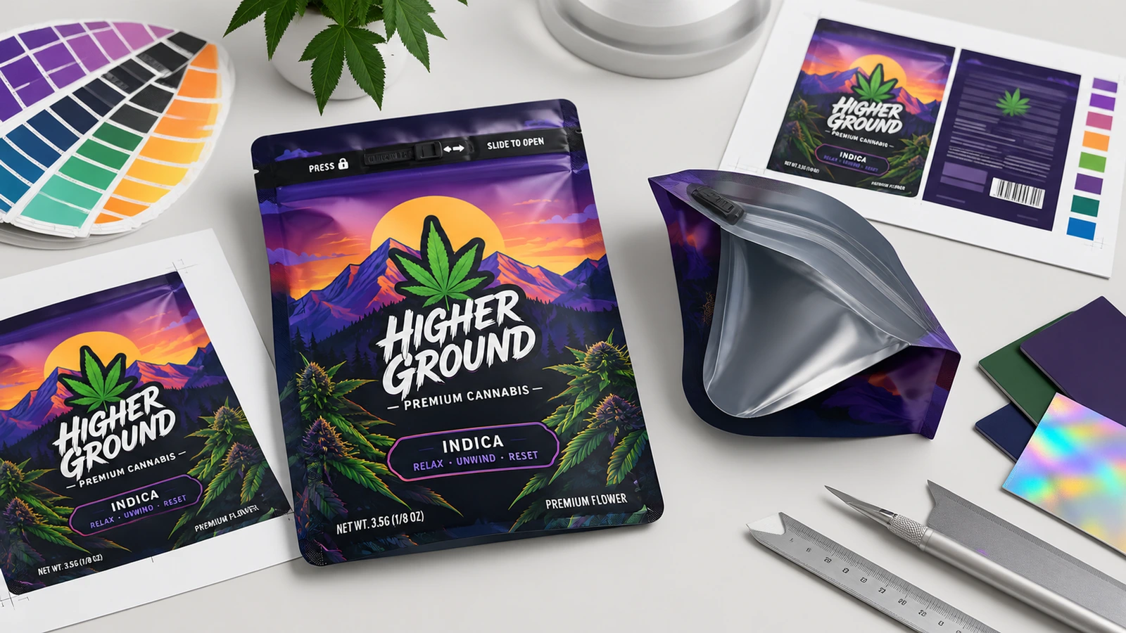 Grafiche delle buste e concetti di campione Buste viola a tema cannabis accanto a grafica stampata, campioni di colore e una busta aperta che mostra l'interno