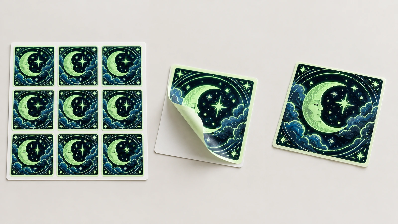 Un foglio con nove adesivi con luna e stelle accanto a due adesivi separati, con un angolo sollevato dal supporto