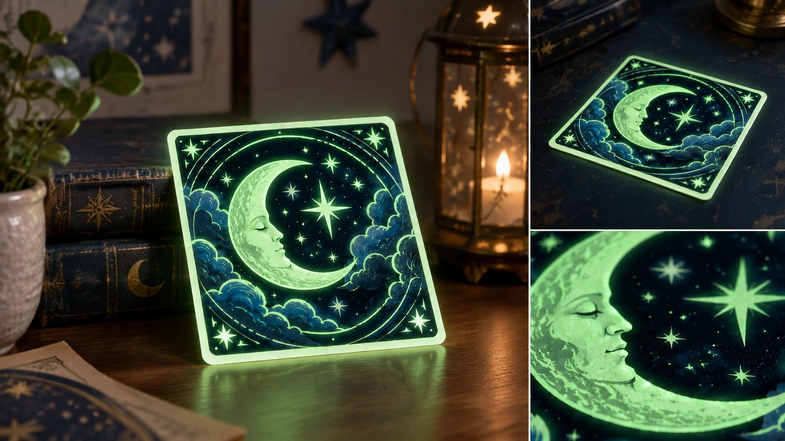 Collage di un adesivo verde con luna e stelle in una stanza buia, con viste ravvicinate