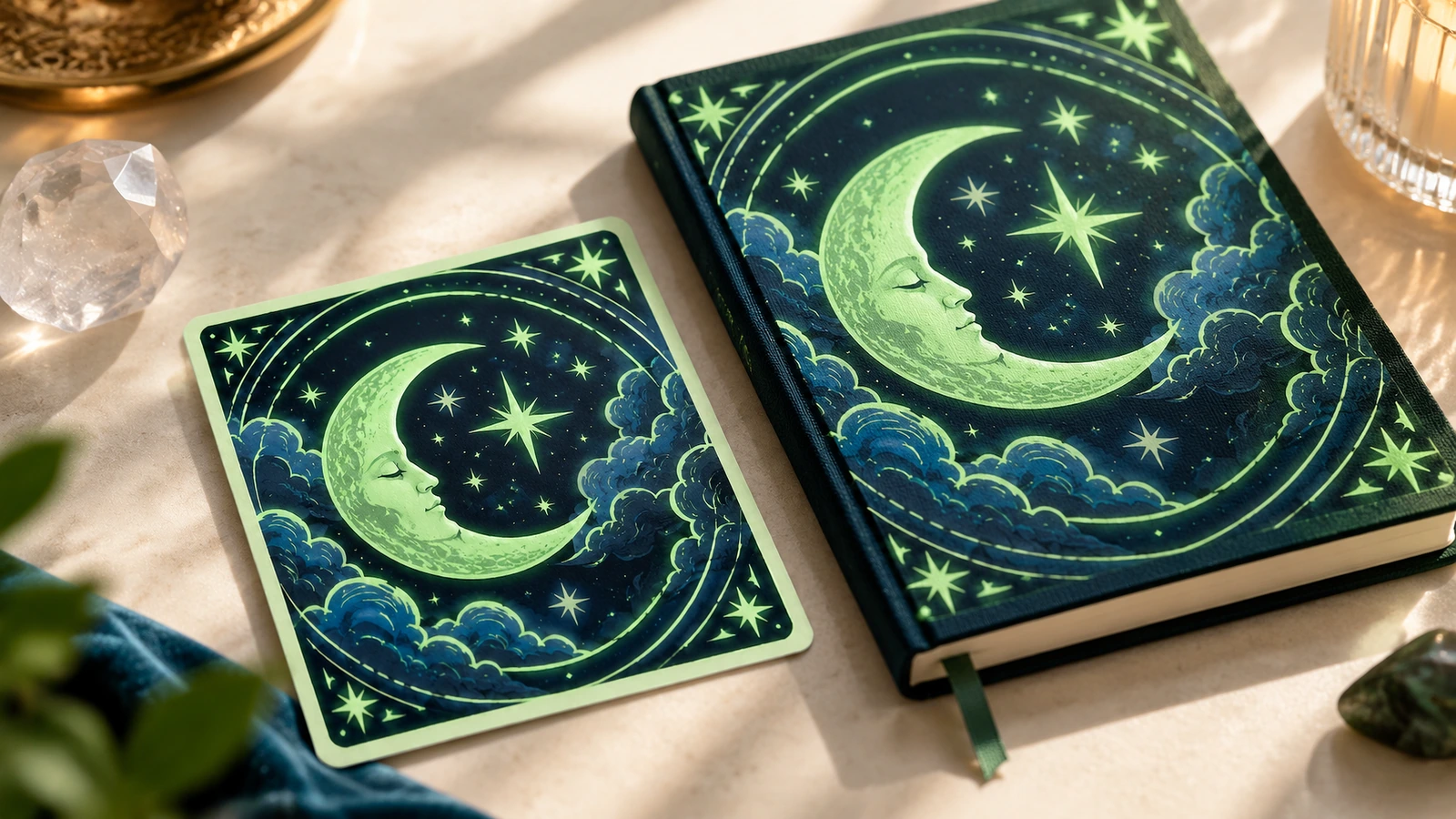 Adesivo con luna e stelle accanto a un quaderno con grafica celeste abbinata