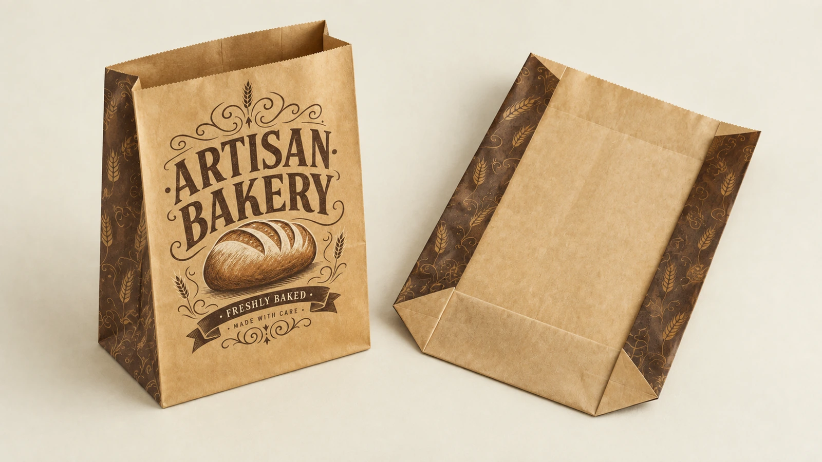 Viste frontale e posteriore di sacchetti di carta marrone ARTISAN BAKERY con pannelli laterali decorati
