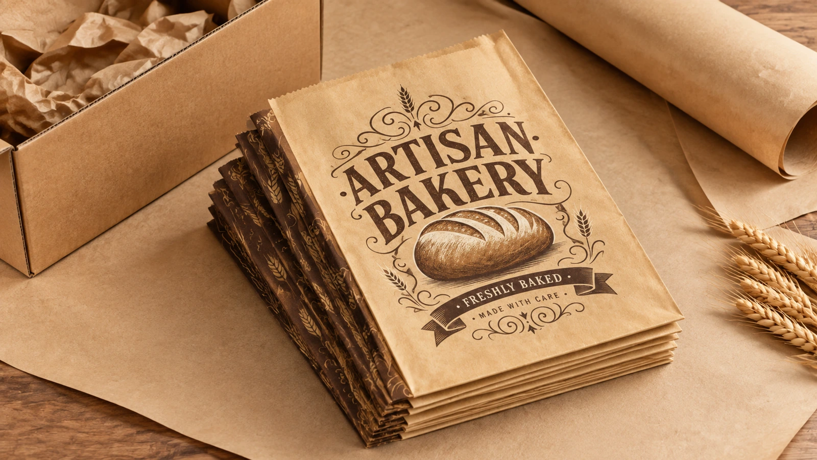 Pila di sacchetti ARTISAN BAKERY piatti accanto a una scatola di cartone, carta da imballaggio e grano