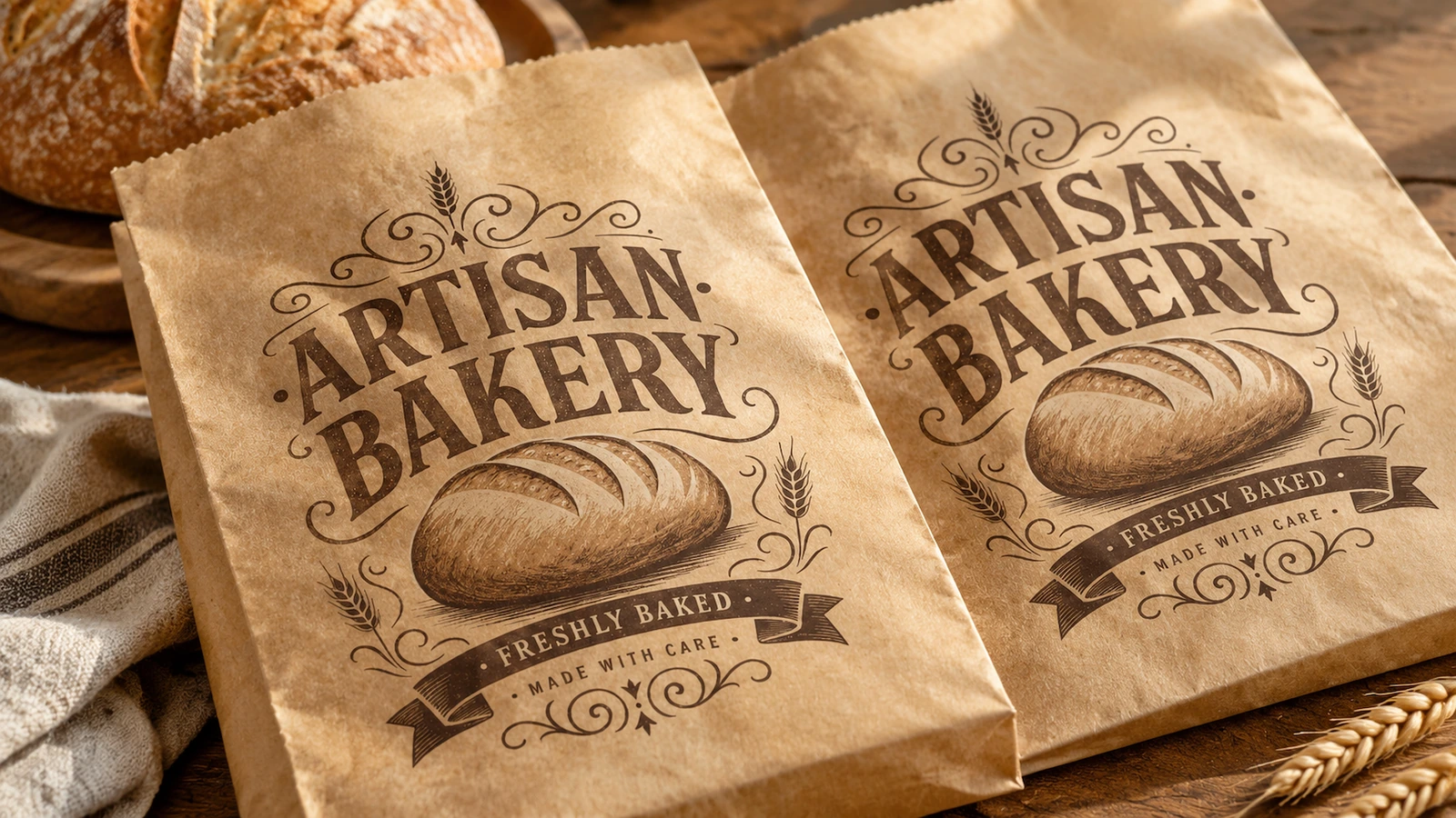 Due sacchetti marroni ARTISAN BAKERY accanto a pane e grano