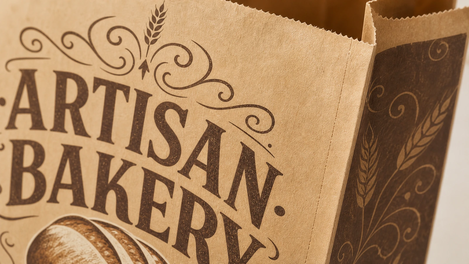 Primo piano della stampa ARTISAN BAKERY e dell'apertura seghettata del sacchetto