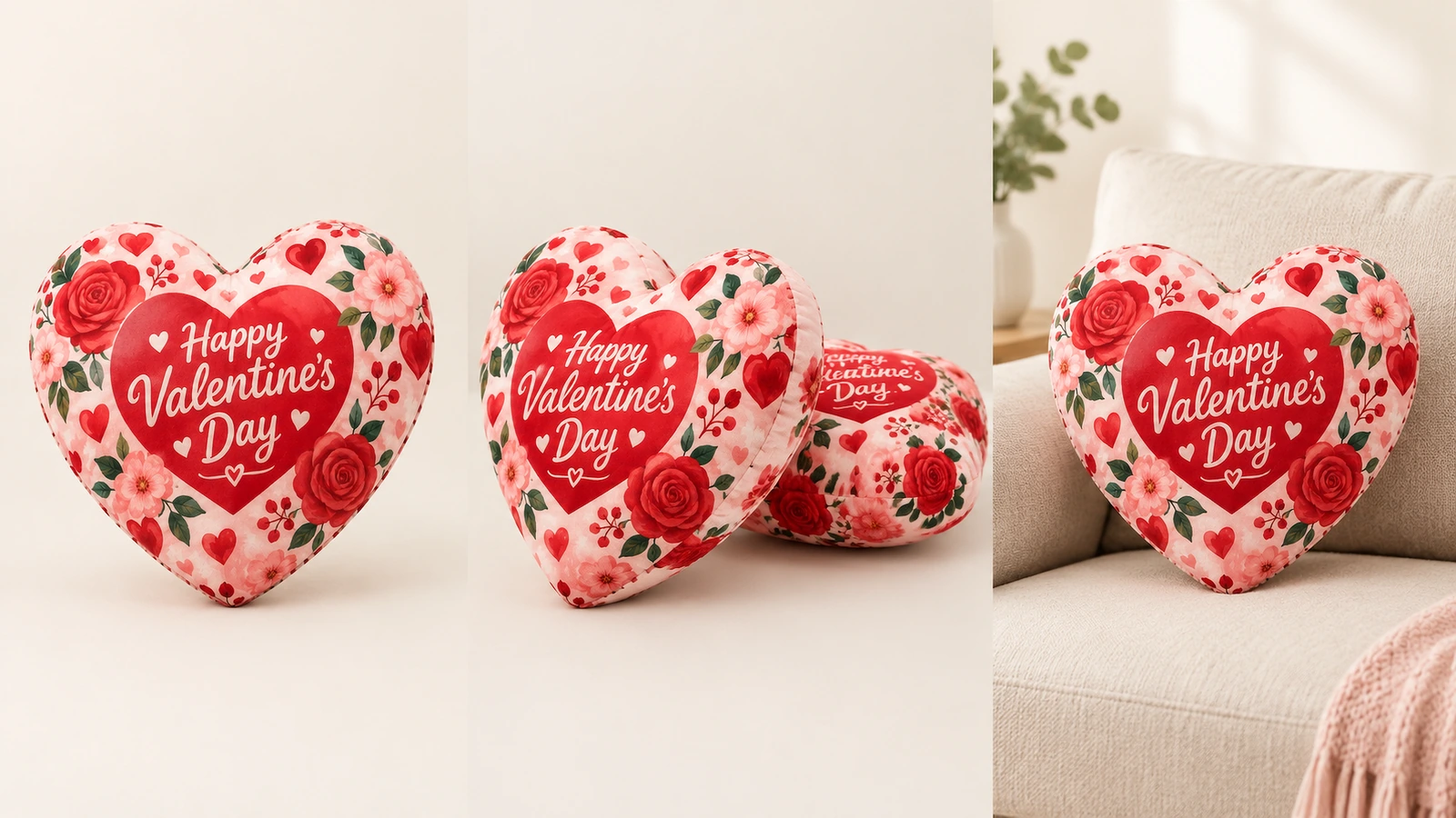 Collage di cuscini a cuore floreali di San Valentino in diverse posizioni di esposizione