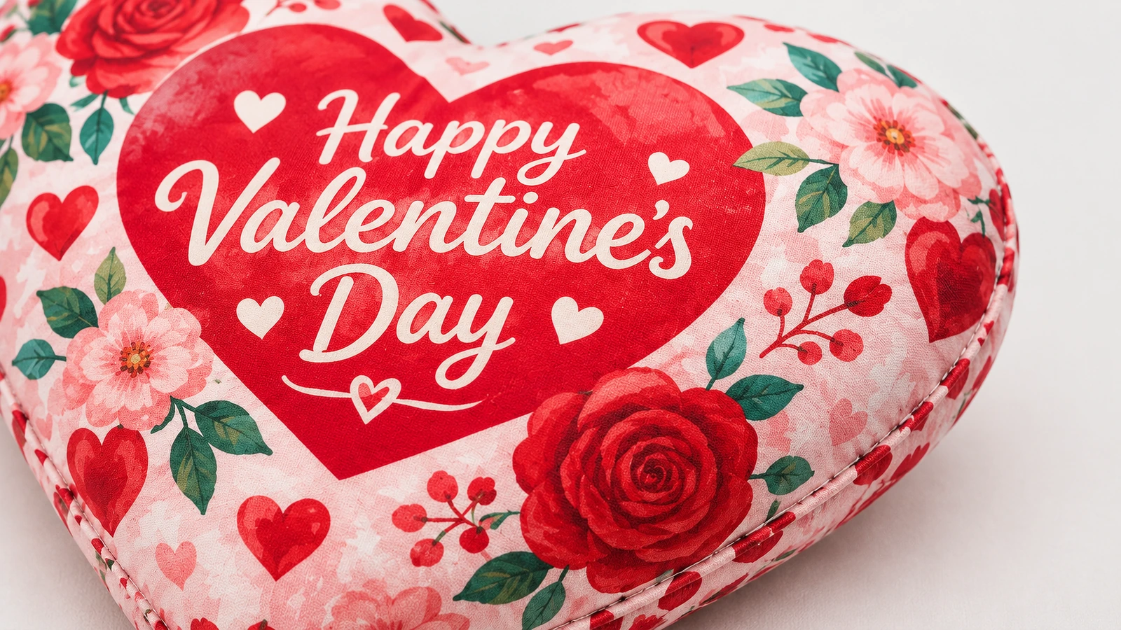 Primo piano di un cuscino a cuore floreale stampato con un messaggio di San Valentino