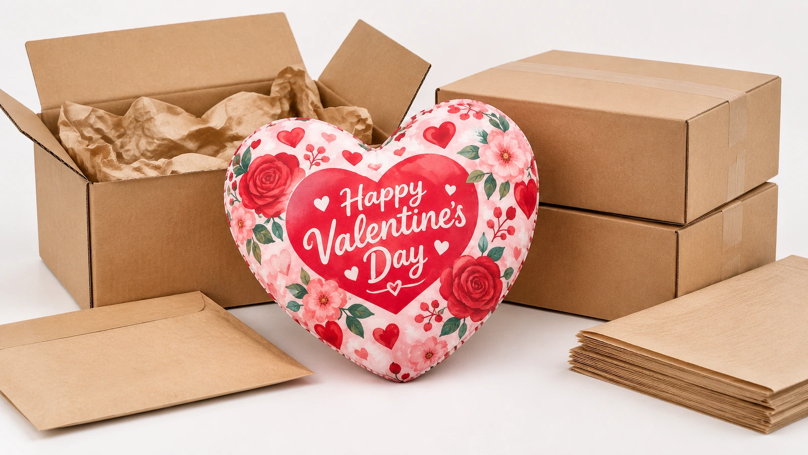 Cuscino a cuore di San Valentino accanto a scatole di cartone e materiale da imballaggio in carta