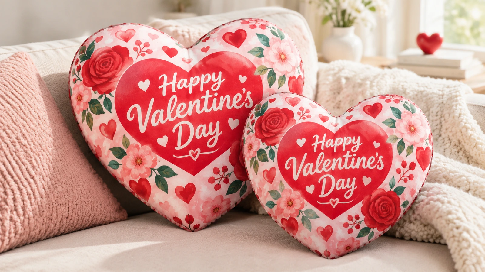 Due cuscini a cuore floreali di San Valentino esposti su un divano