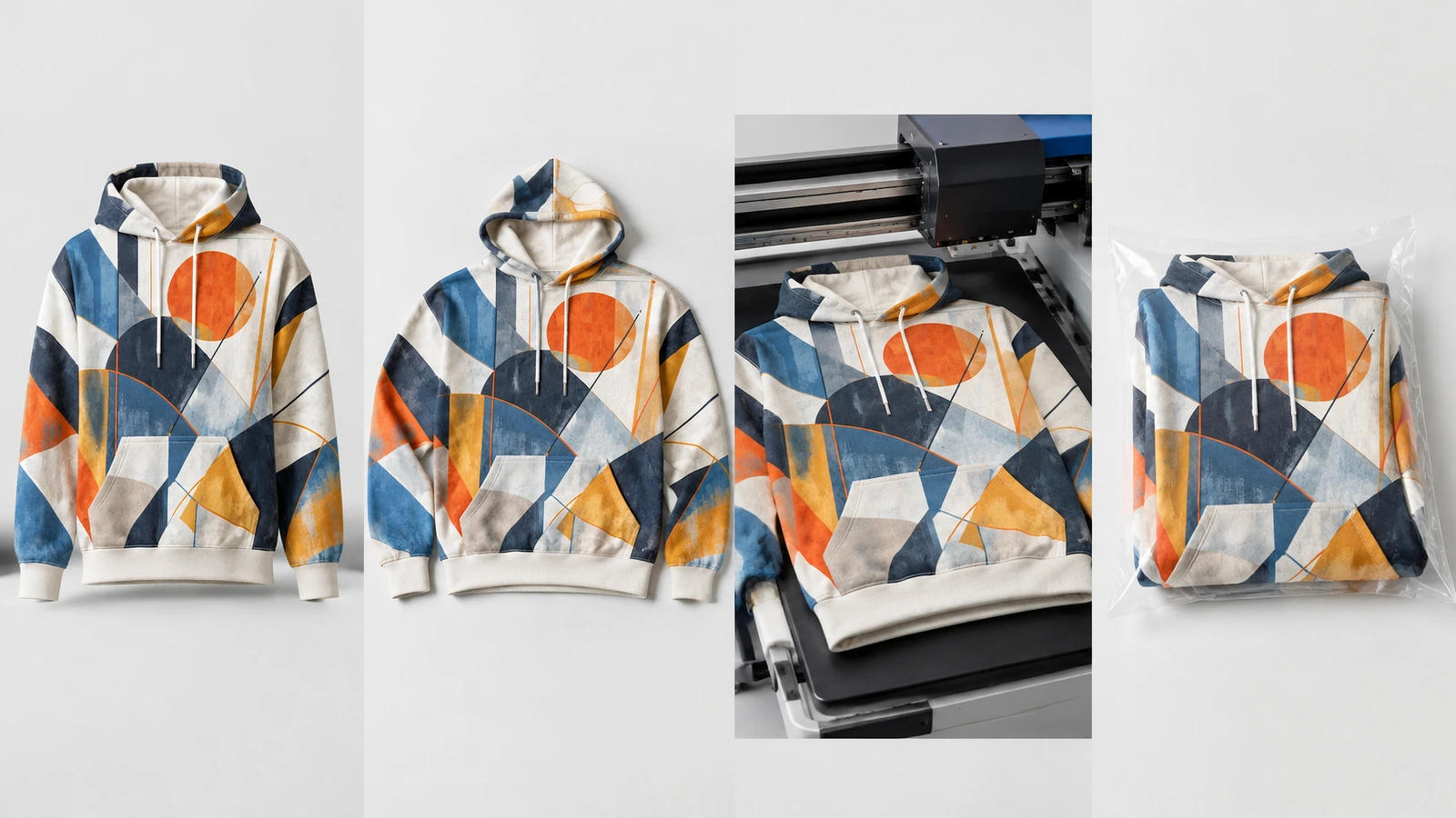 Collage di felpe con cappuccio geometriche mostrate in piedi, stese, piegate e posizionate sotto le attrezzature di stampa