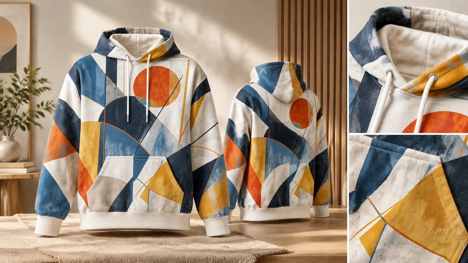 Viste frontale e posteriore di una felpa con cappuccio geometrica, con primi piani del cappuccio e della tasca
