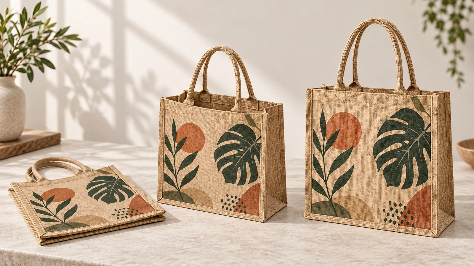 Tote bag in juta stampate, esposte in due misure accanto a una borsa piegata