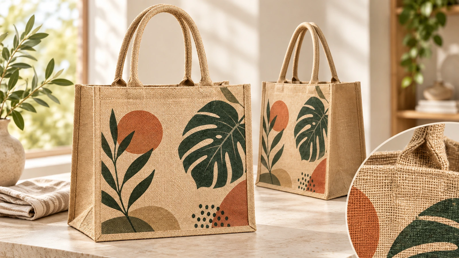 Collage di due tote bag in juta stampate, con un primo piano circolare del tessuto intrecciato e della grafica