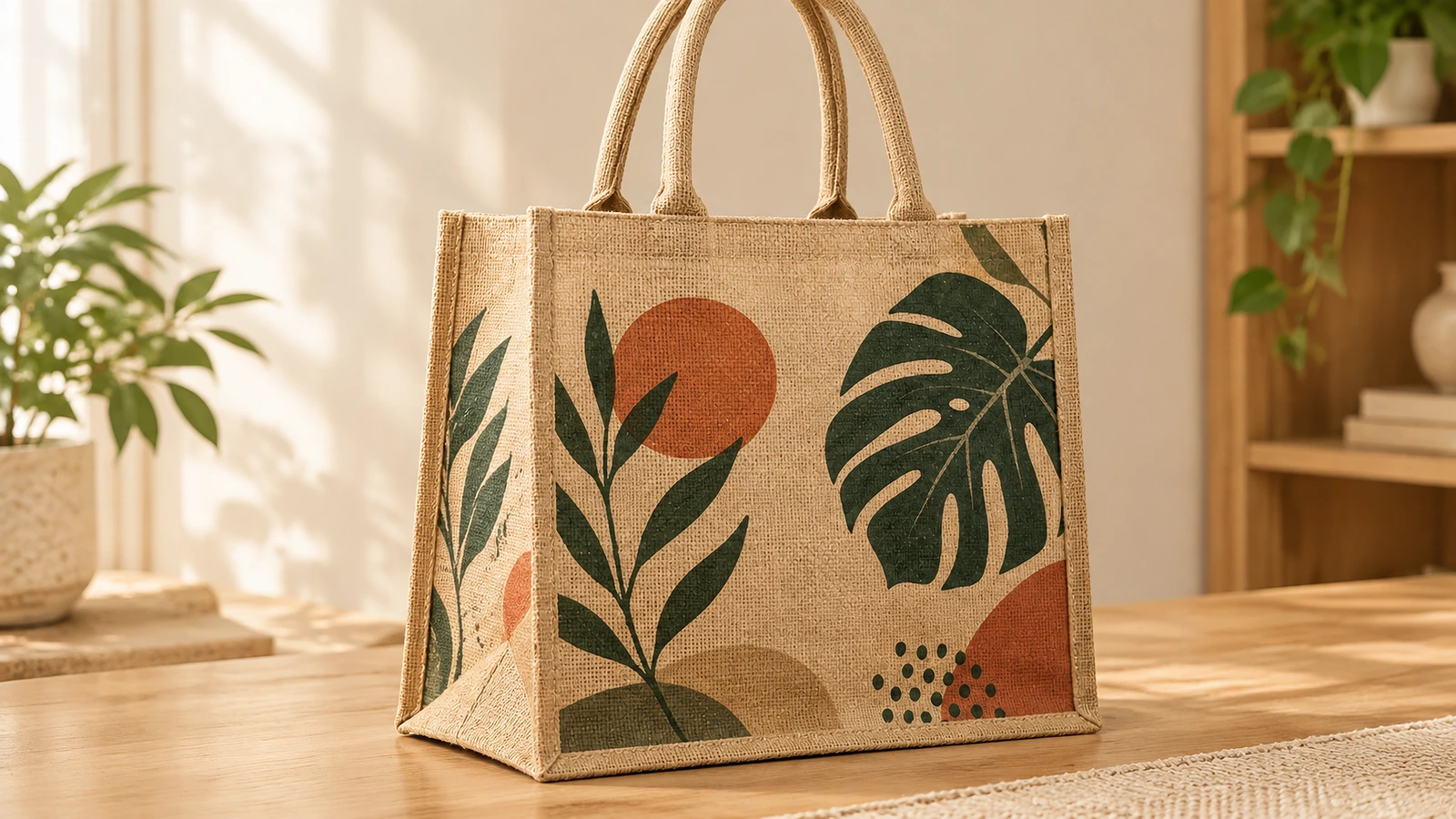 Tote bag in juta stampata posta in piedi su un tavolo di legno vicino a una finestra
