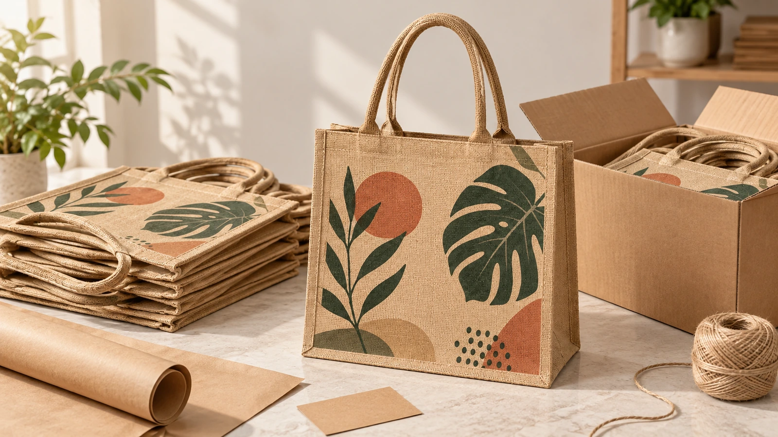 Tote bag in juta stampate, impilate e imballate accanto a un cartone aperto, carta kraft e spago