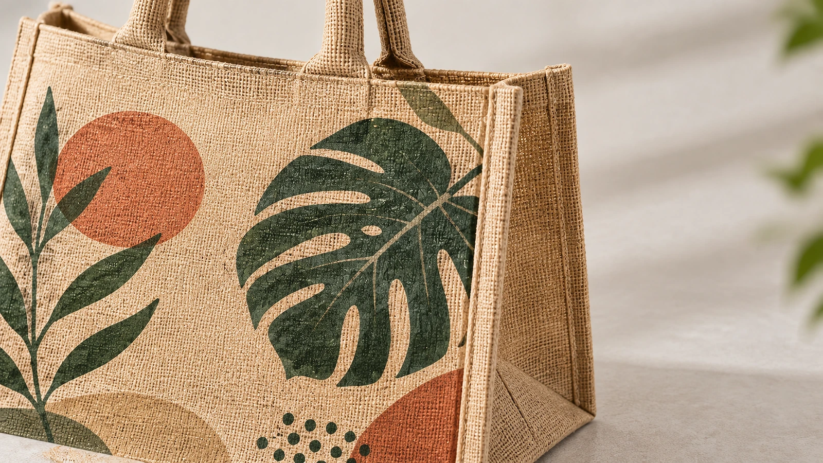 Primo piano di una tote bag in juta che mostra la grafica con foglia verde, la trama intrecciata e il soffietto laterale