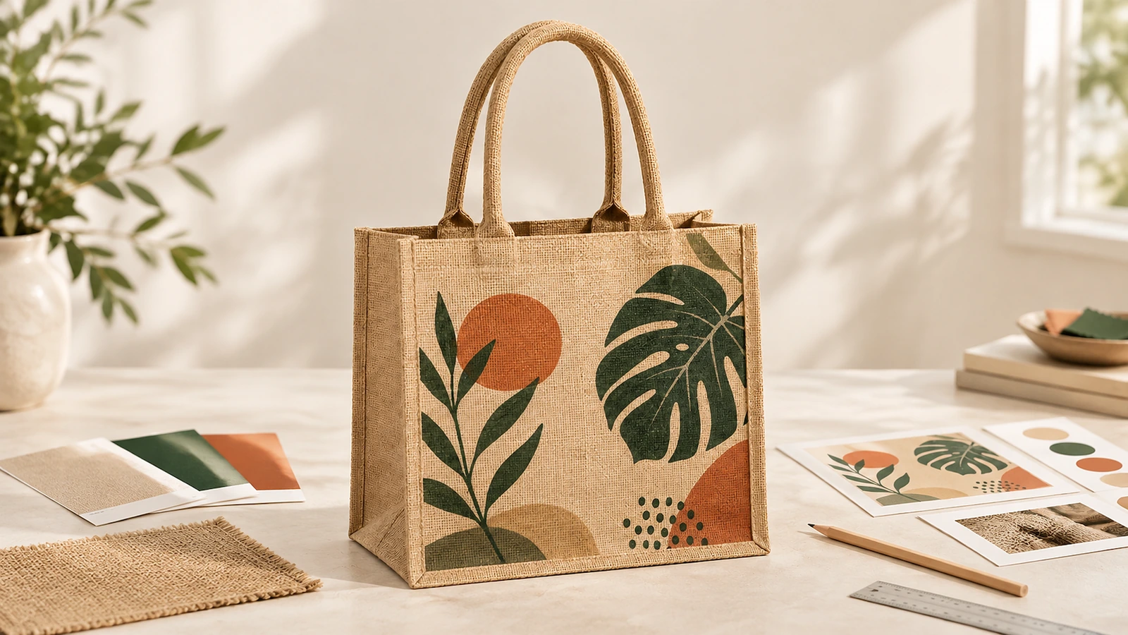 Tote bag in juta con grafica di foglia verde e terracotta accanto a campioni di tessuto e di colore