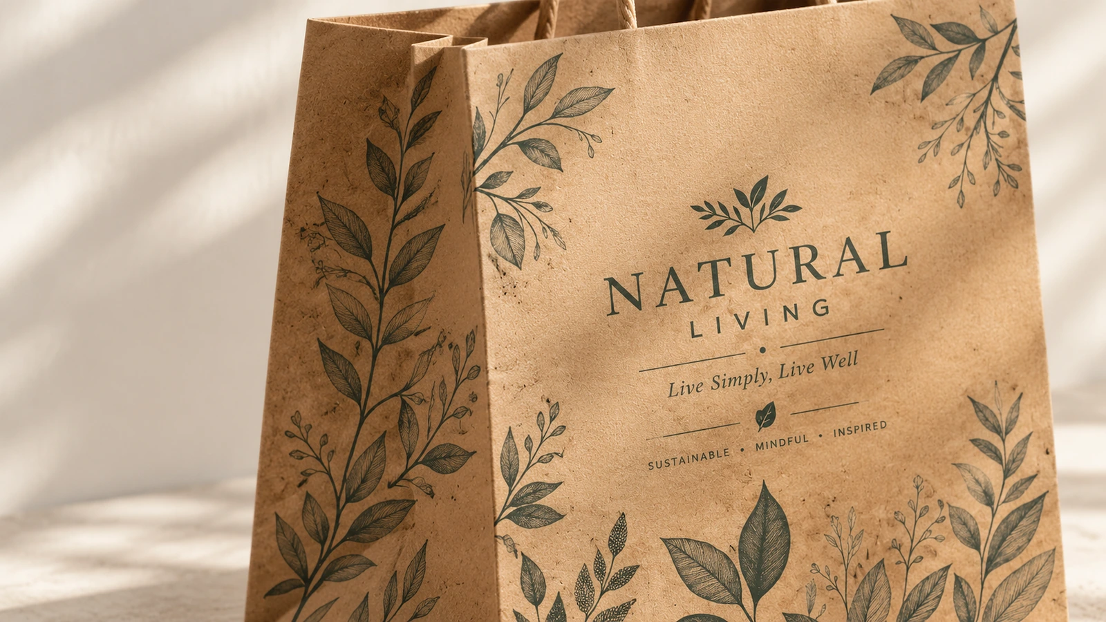 Primo piano di un sacchetto di carta marrone stampato con foglie e scritta NATURAL LIVING