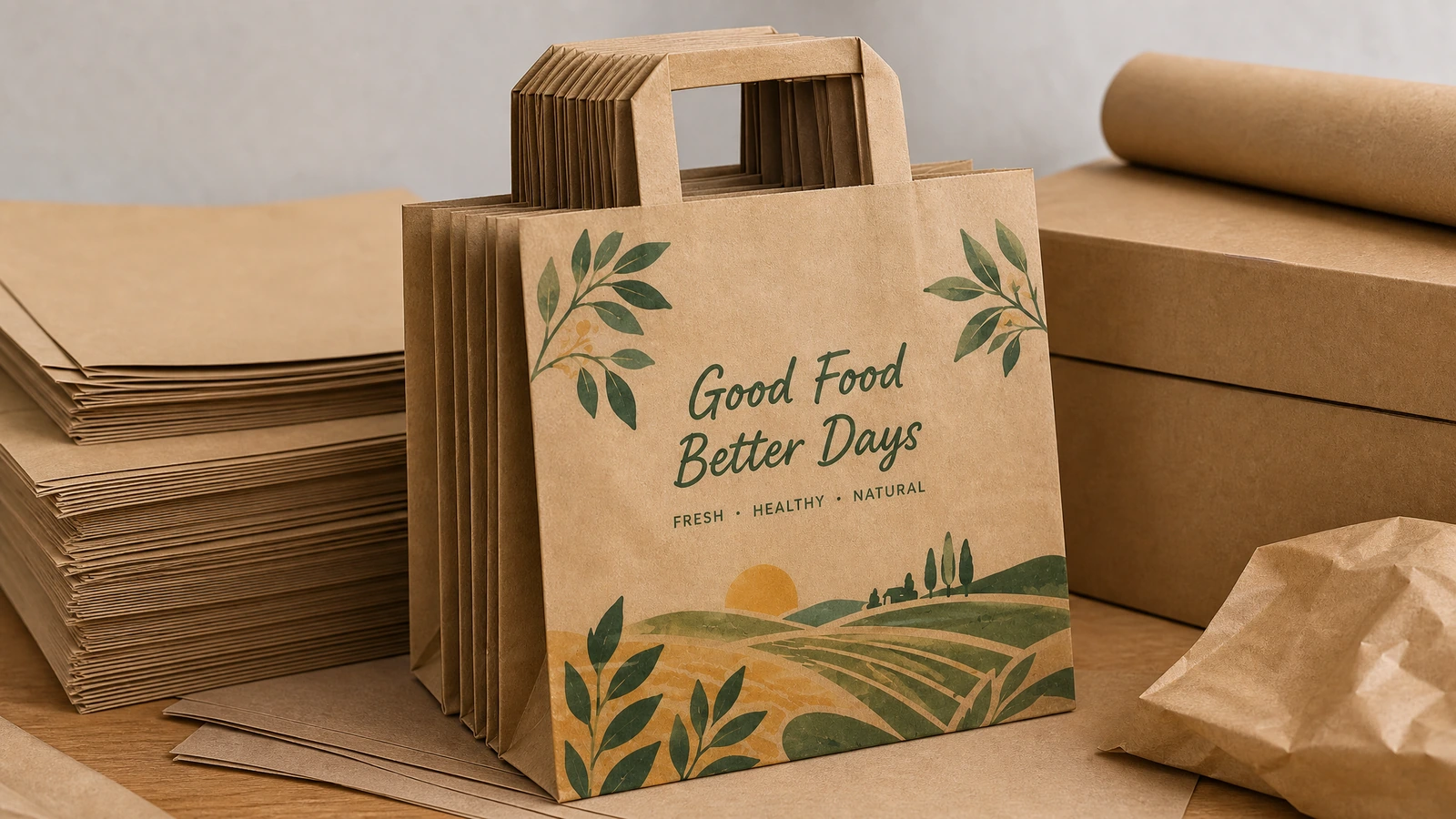 Sacchetti di carta marrone con manici piatti e grafica Good Food Better Days accanto a scatole da imballaggio
