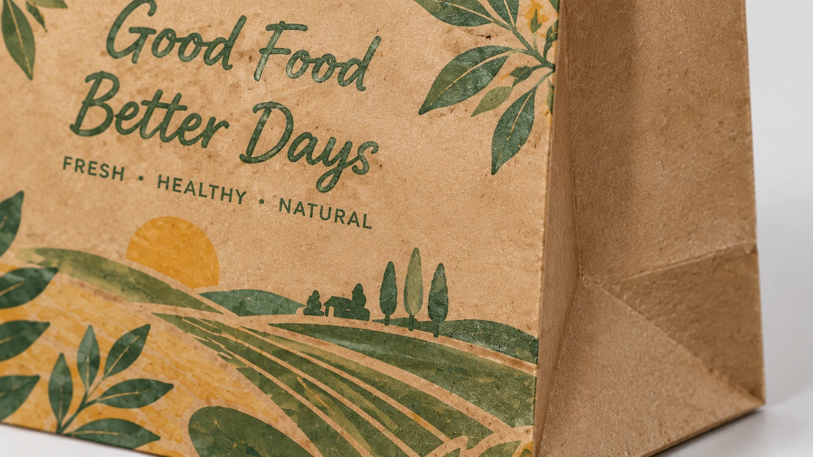 Primo piano della scritta Good Food Better Days e della grafica di paesaggio campestre su carta marrone