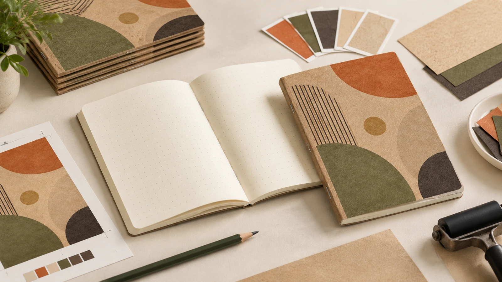Quaderno kraft a motivi geometrici a scopo illustrativo e quaderno bianco aperto accanto a file grafici e riferimenti di colore