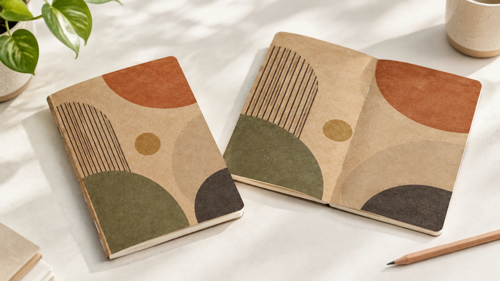 Quaderno kraft chiuso a scopo illustrativo accanto a una copertina a motivi geometrici distesa