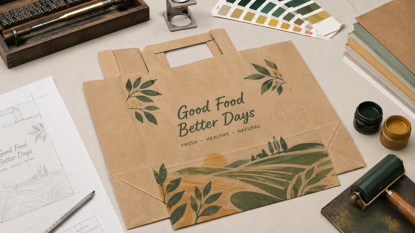 Sacchetto di carta marrone piatto con grafica Good Food Better Days accanto a un disegno, inchiostri e campioni di colore
