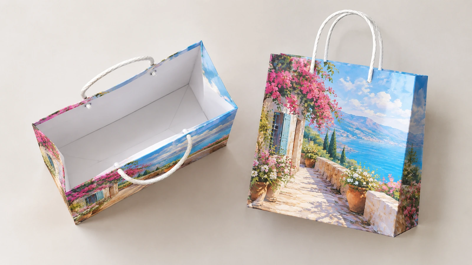 Viste aperta e in piedi di una borsa in carta con paesaggio costiero stampato e manici in corda bianca
