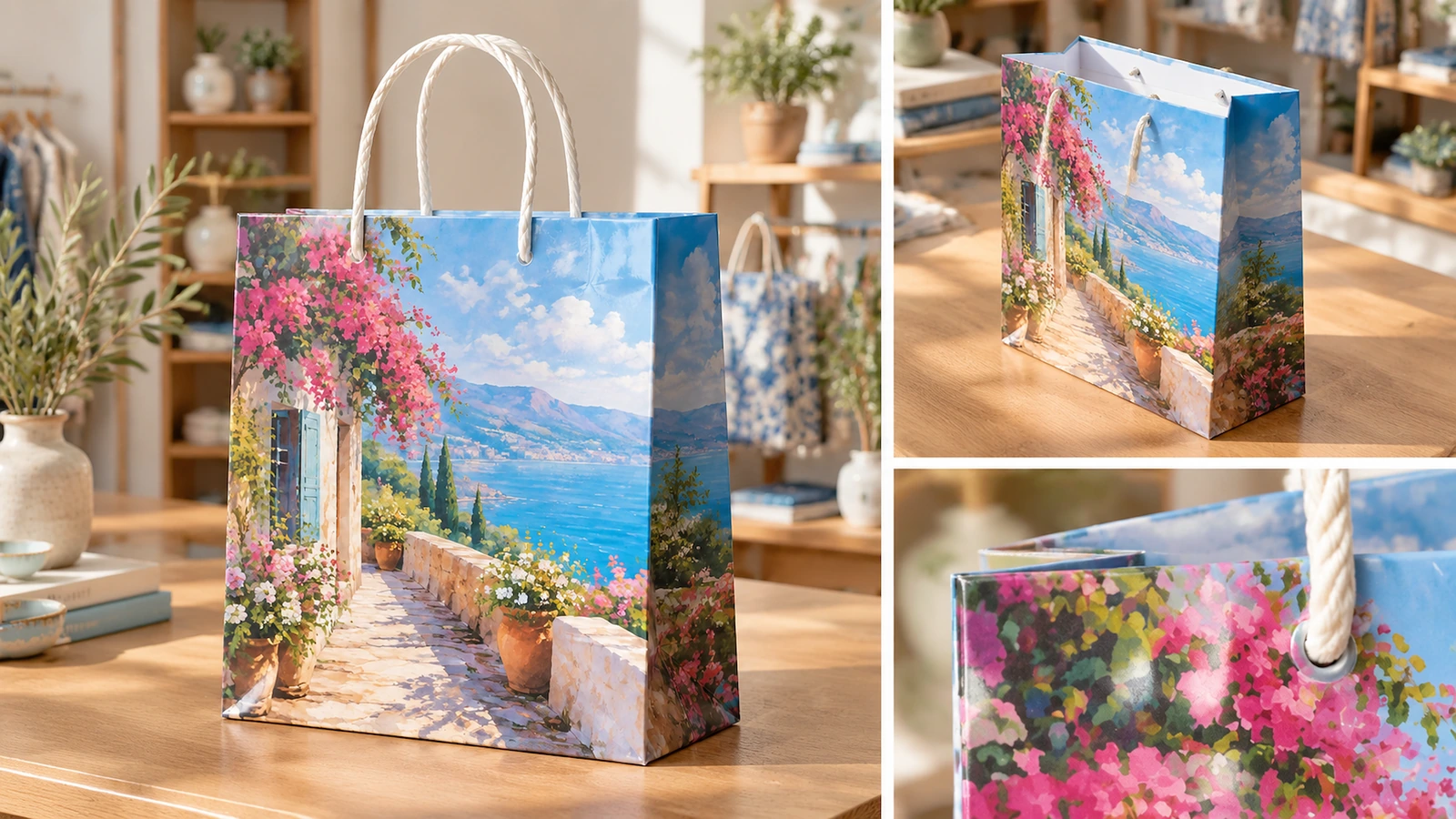 Borsa shopping con paesaggio costiero stampato, con viste del fianco inserito e del manico