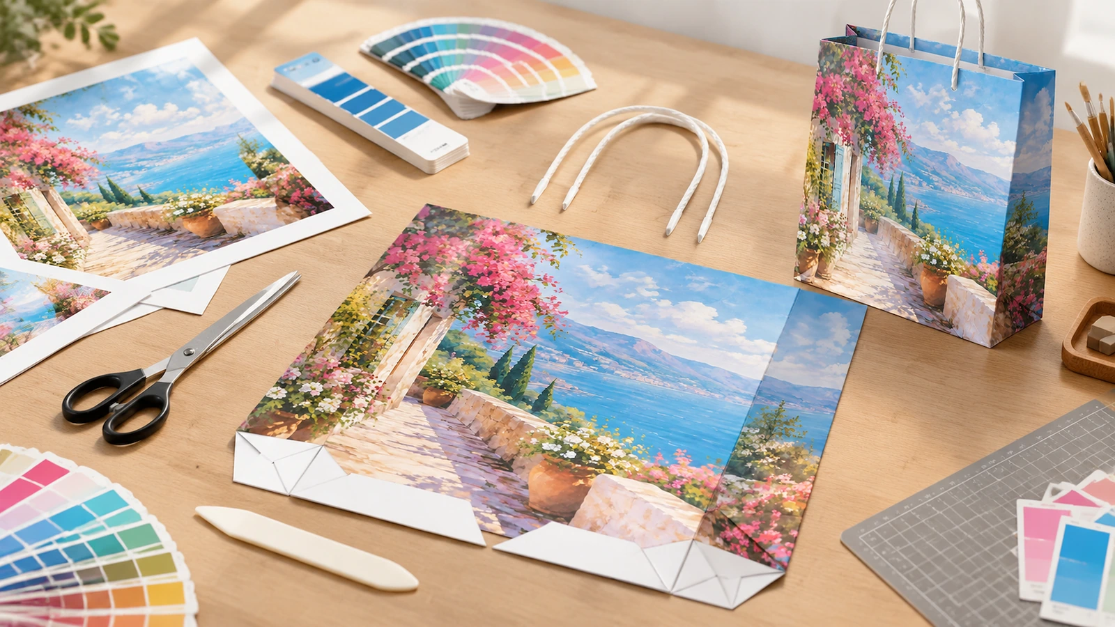 Borsa in carta con paesaggio costiero stampato e componenti stampati aperti, con manici, campioni di colore e utensili da taglio