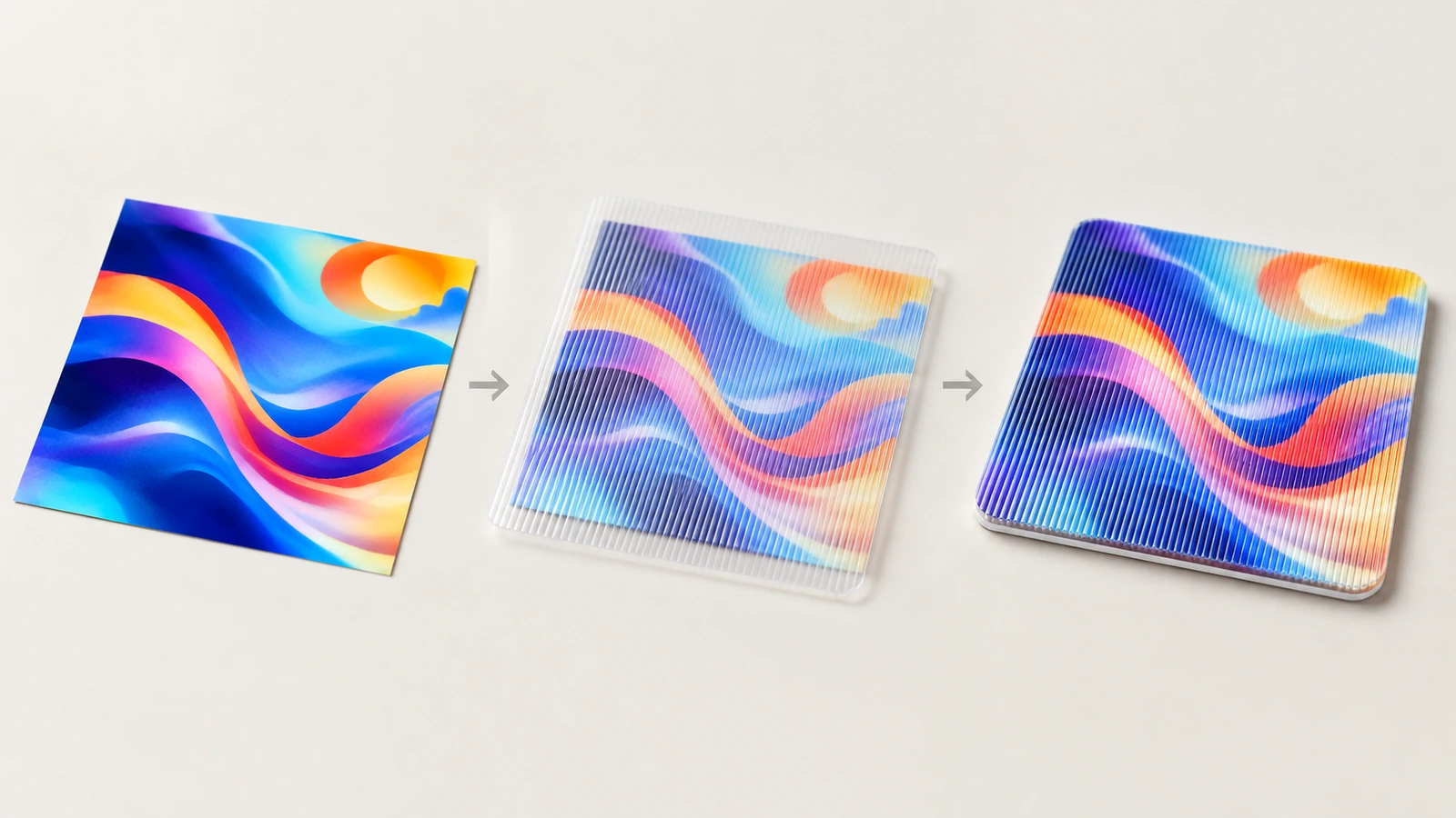 Illustrazione in tre fasi con grafica colorata a onde, uno strato trasparente con microrilievi e un campione lenticolare finito