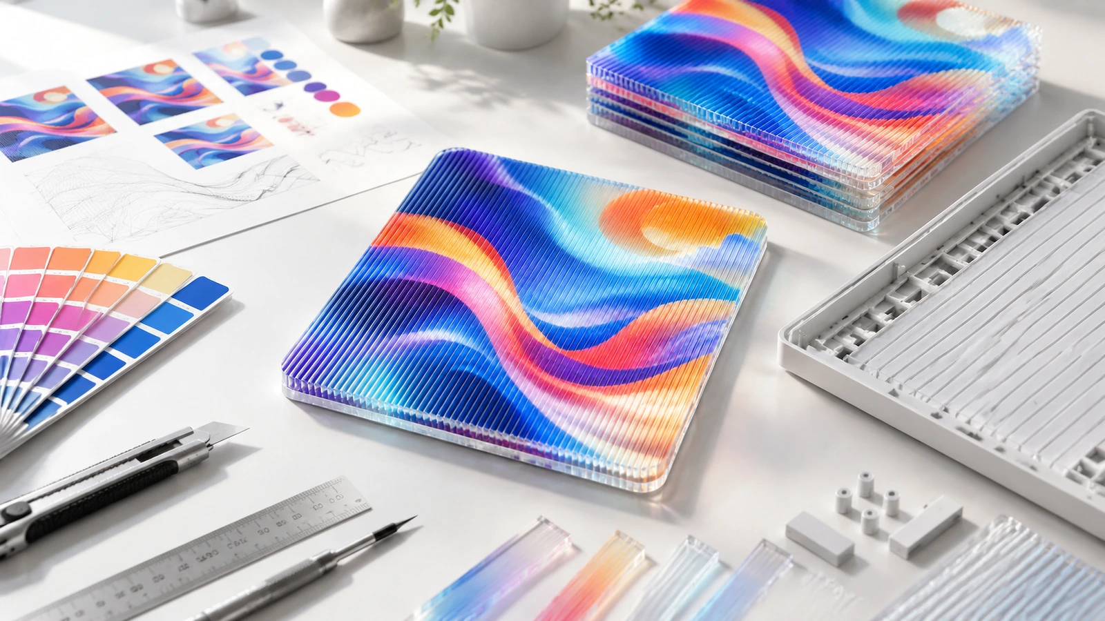 Campioni lenticolari quadrati colorati accanto a campioni di colore, righelli e fogli di lente su una scrivania di design