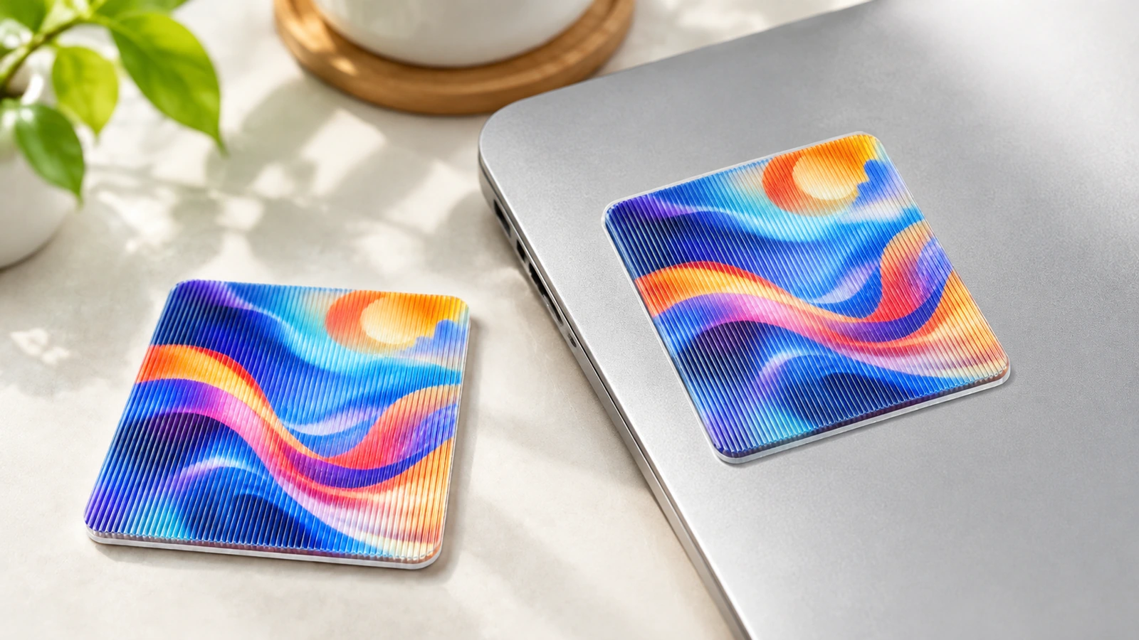 Campioni lenticolari quadrati colorati su una scrivania accanto a un laptop chiuso