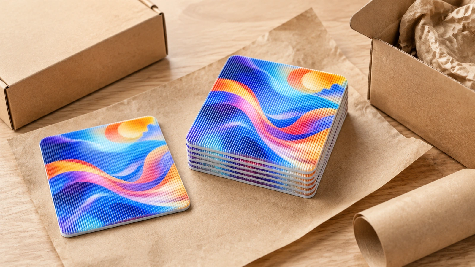 Campioni lenticolari quadrati impilati su carta kraft accanto a scatole di cartone