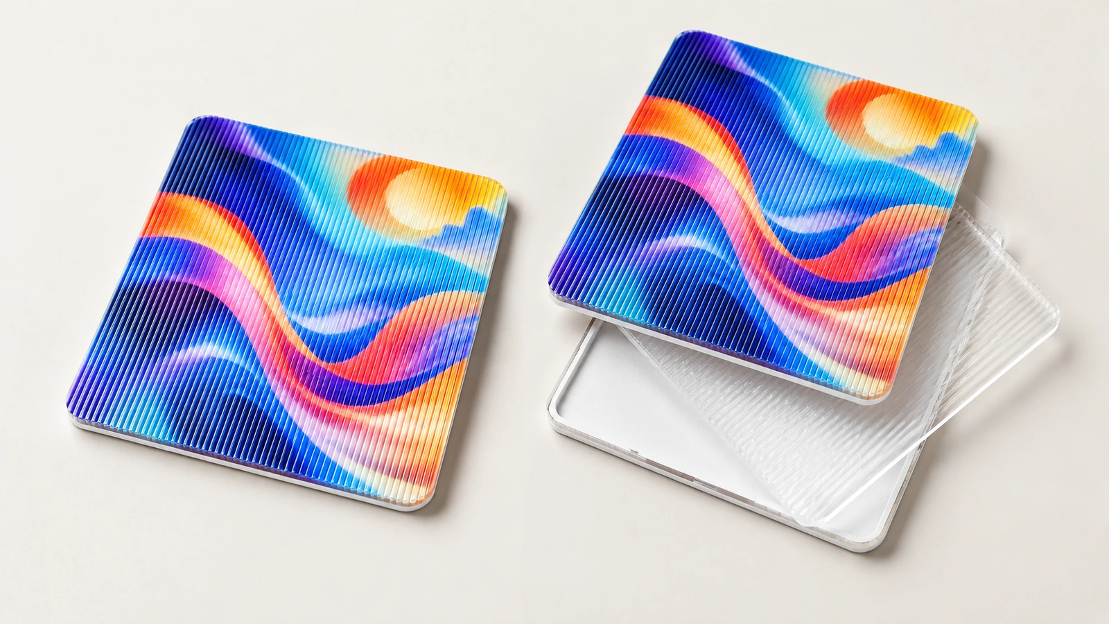 Due campioni lenticolari quadrati con grafica colorata a onde, uno appoggiato sopra uno strato trasparente con microrilievi