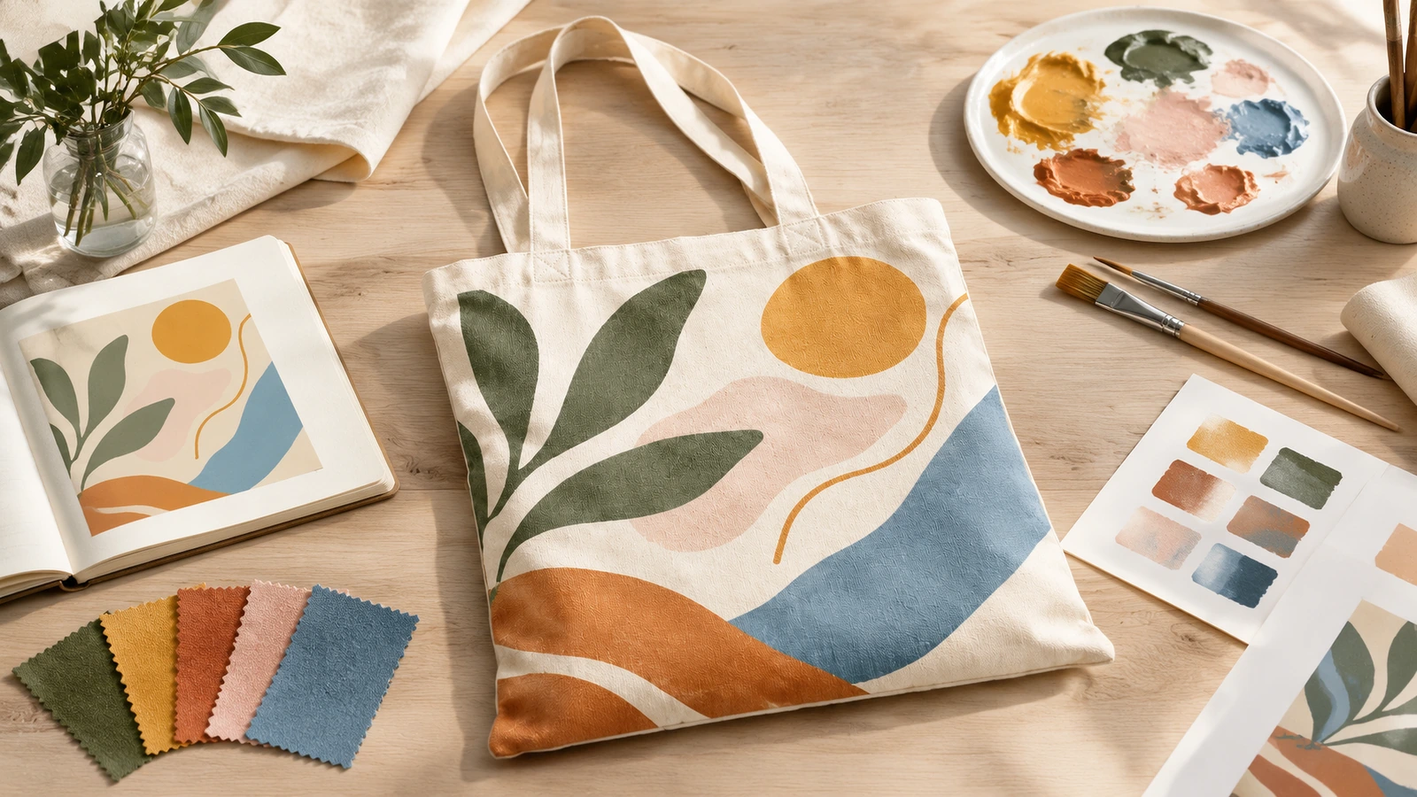 Esposizione della grafica della borsa tote in cotone Borsa tote in cotone stampata con grafica di foglie e motivi astratti accanto a colori, campioni di tessuto e un album da disegno aperto