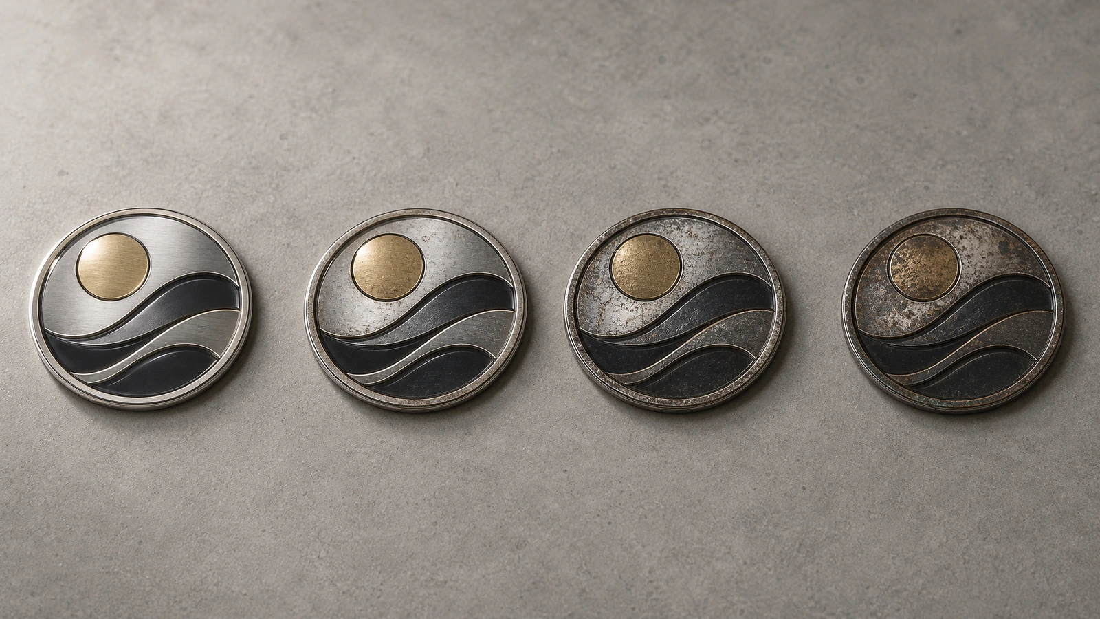 Quattro emblemi tondi a onda con aspetto superficiale progressivamente più scuro e screziato