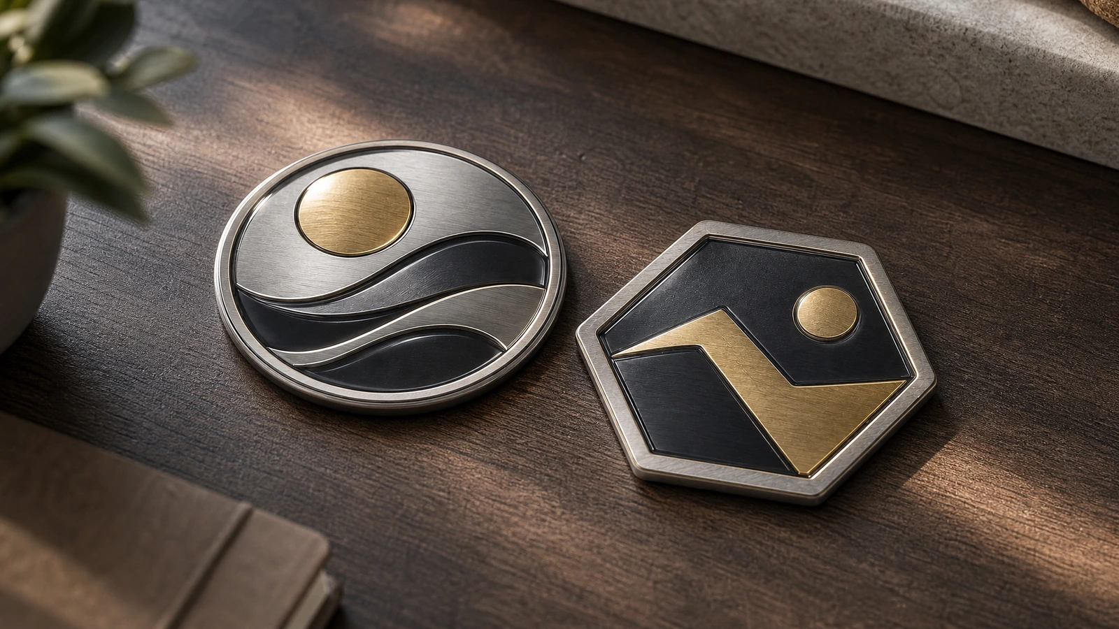 Emblema tondo a onda e emblema esagonale nero e oro appoggiati su una mensola di legno