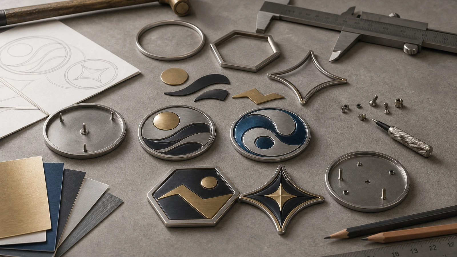 Emblemi tondi, esagonali e a quattro punte in stile metallico, disposti con schizzi, utensili e campioni di colore
