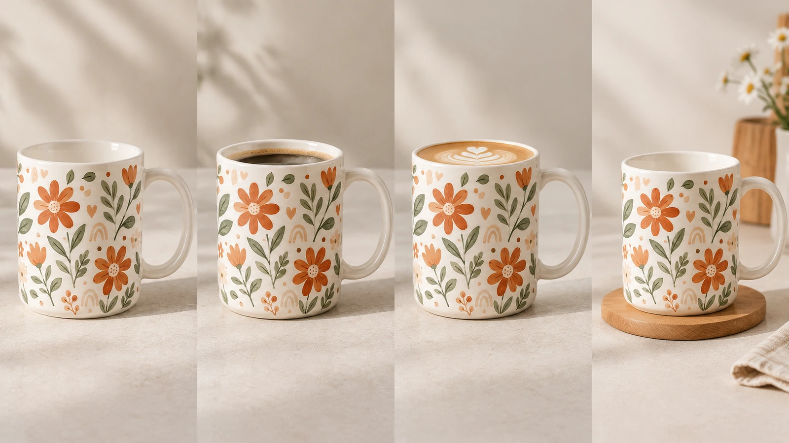 4 viste affiancate di una tazza floreale, tra cui caffè scuro e una bevanda con schiuma