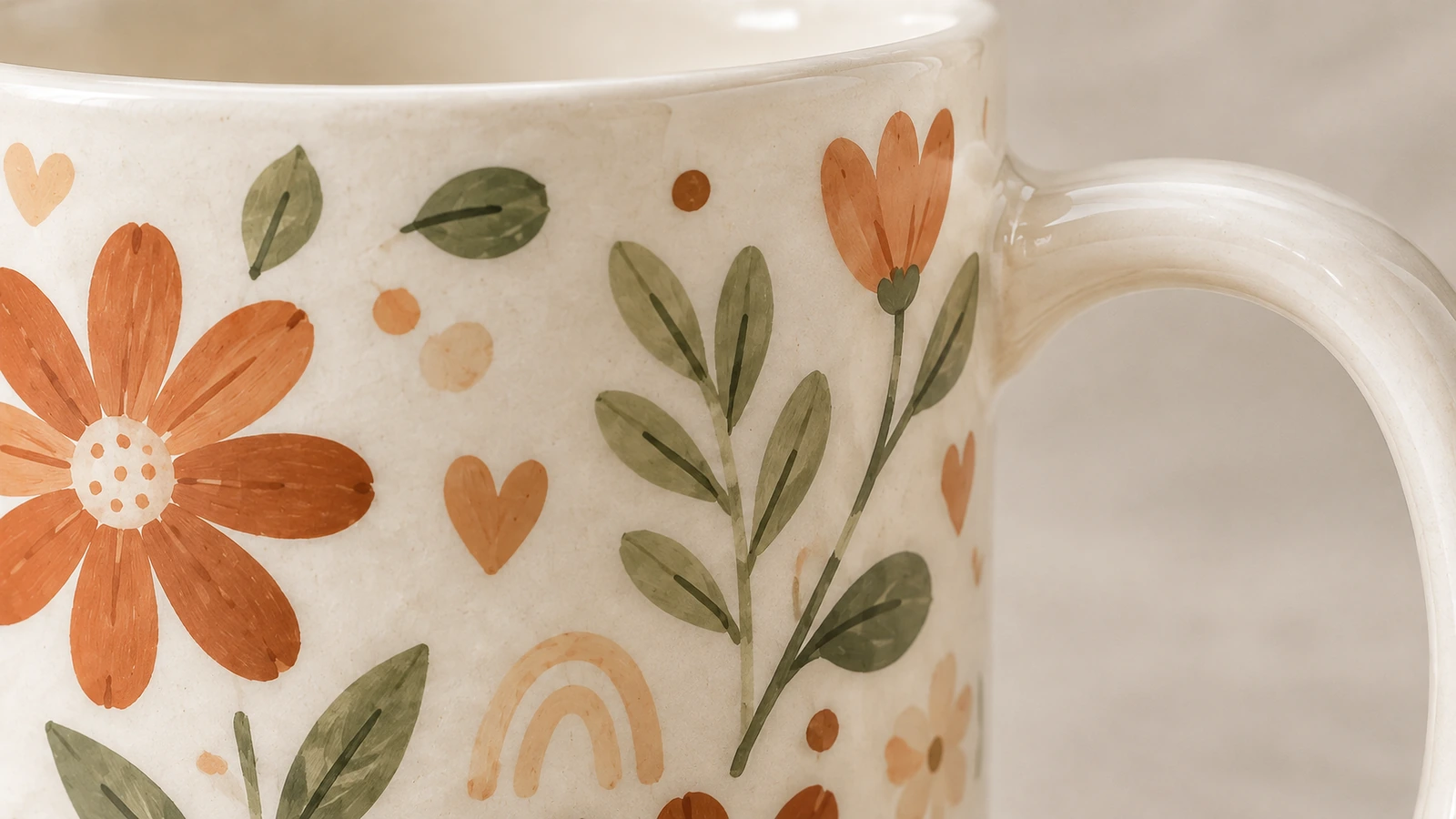 Primo piano di fiori arancioni, foglie verdi e un manico curvo su una tazza in ceramica
