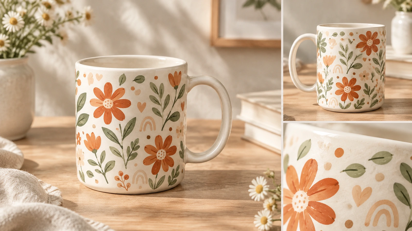 Collage di viste di tazze floreali in ceramica e dettagli ravvicinati della decorazione