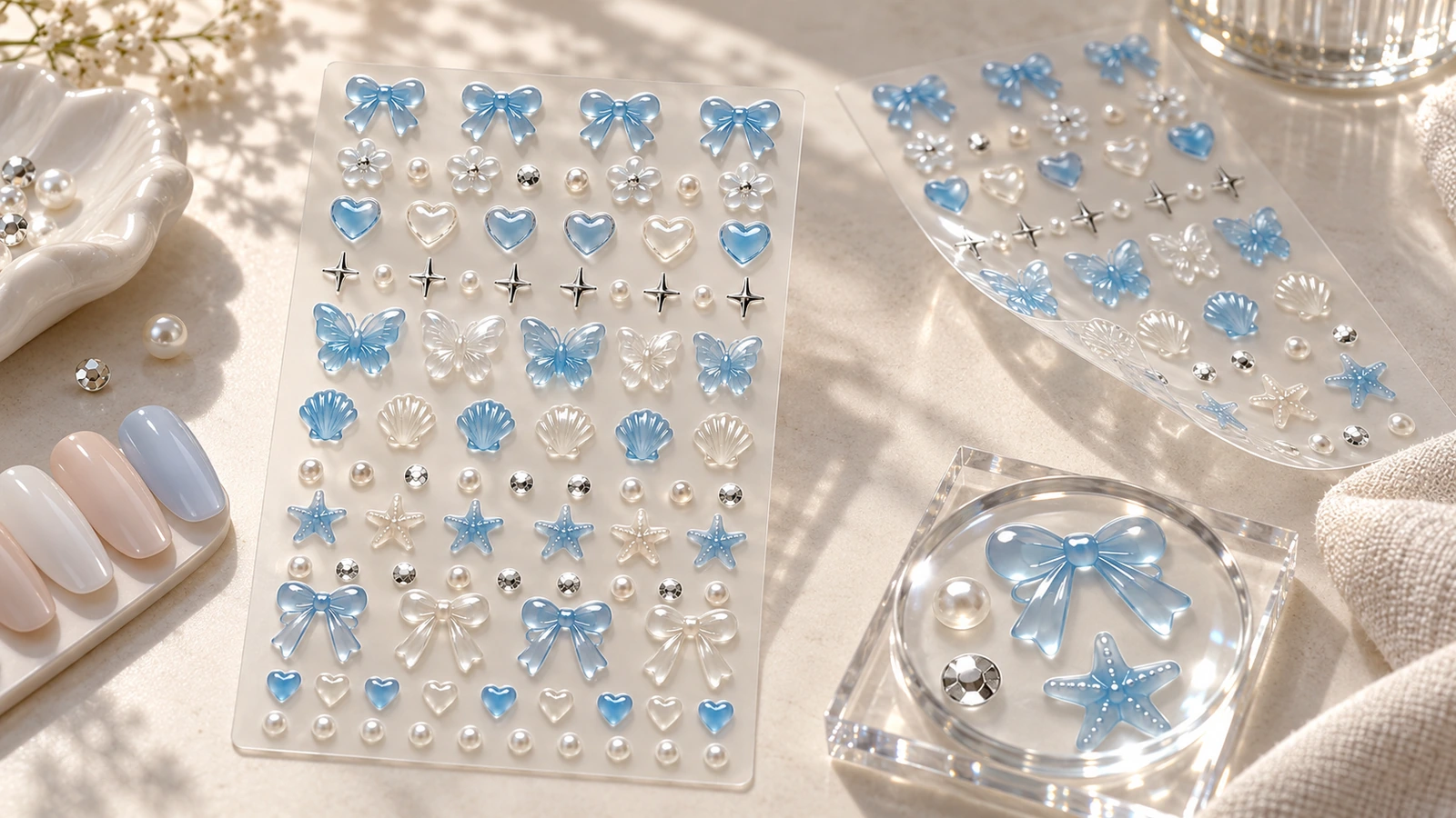 Fogli di decorazioni blu e perlate accanto a campioni di unghie e pezzi decorativi sciolti
