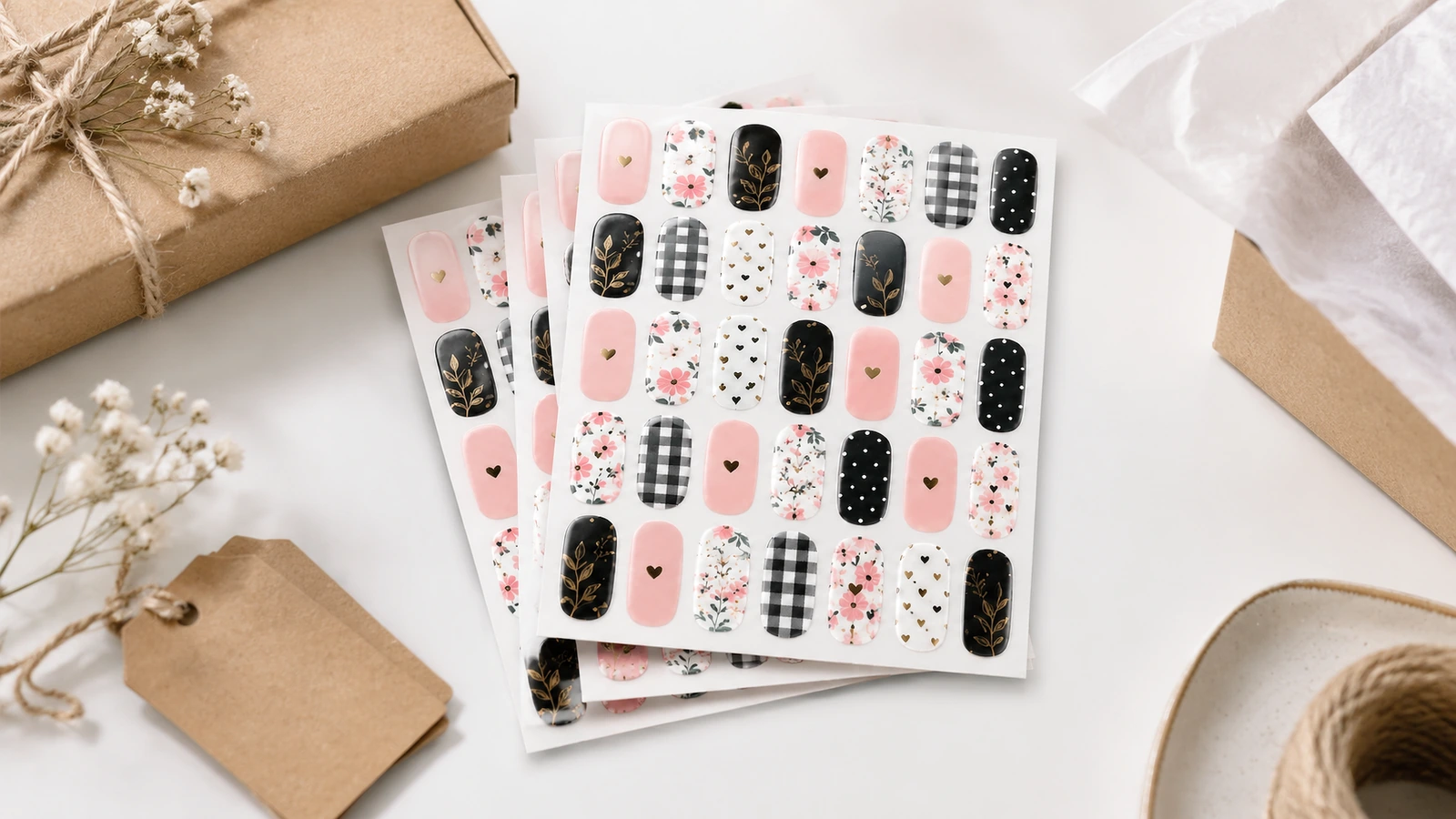 Fogli di decorazioni per unghie impilati accanto a imballaggi in carta kraft e carta velina