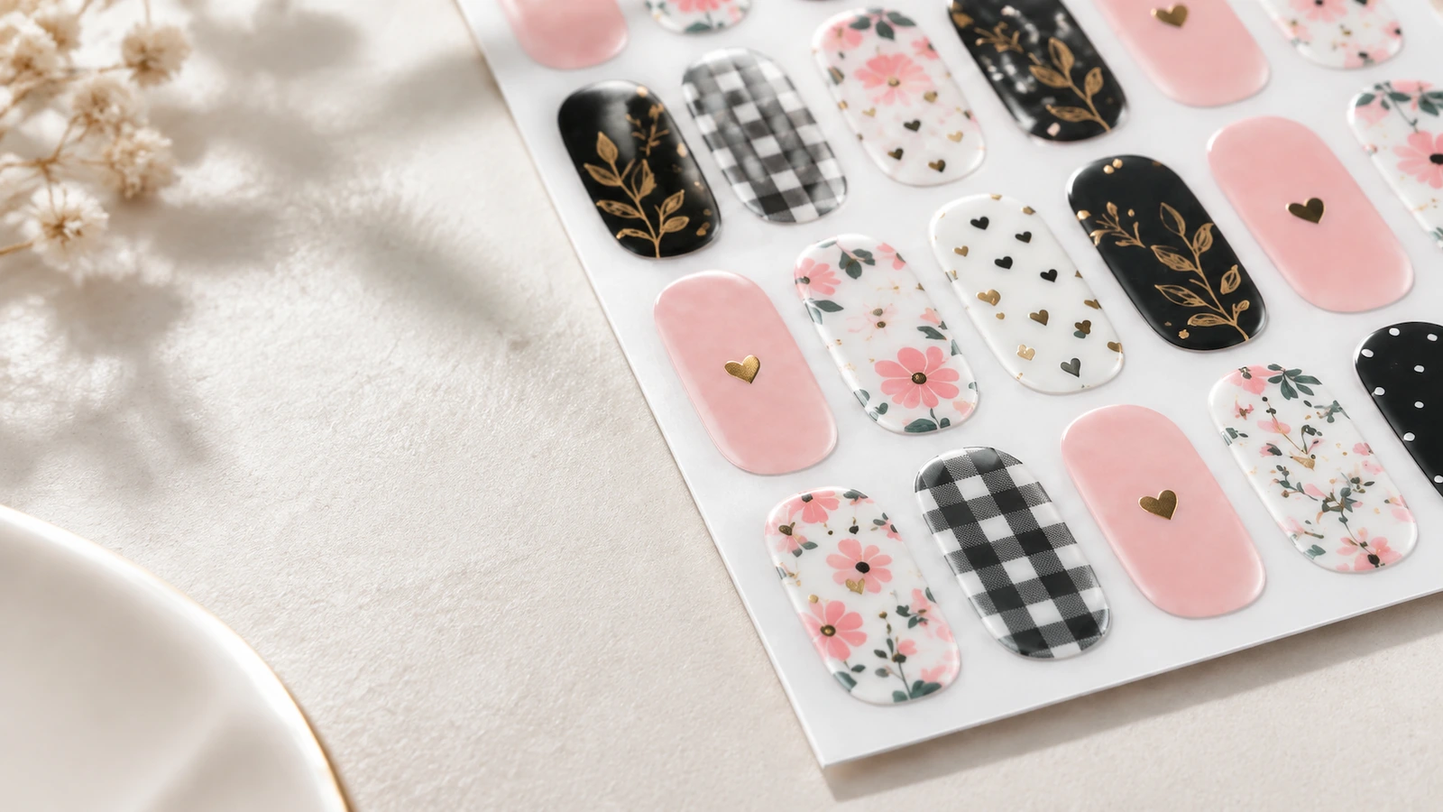 Primo piano di decorazioni per unghie floreali, a quadretti e con accenti dorati su un foglio di supporto