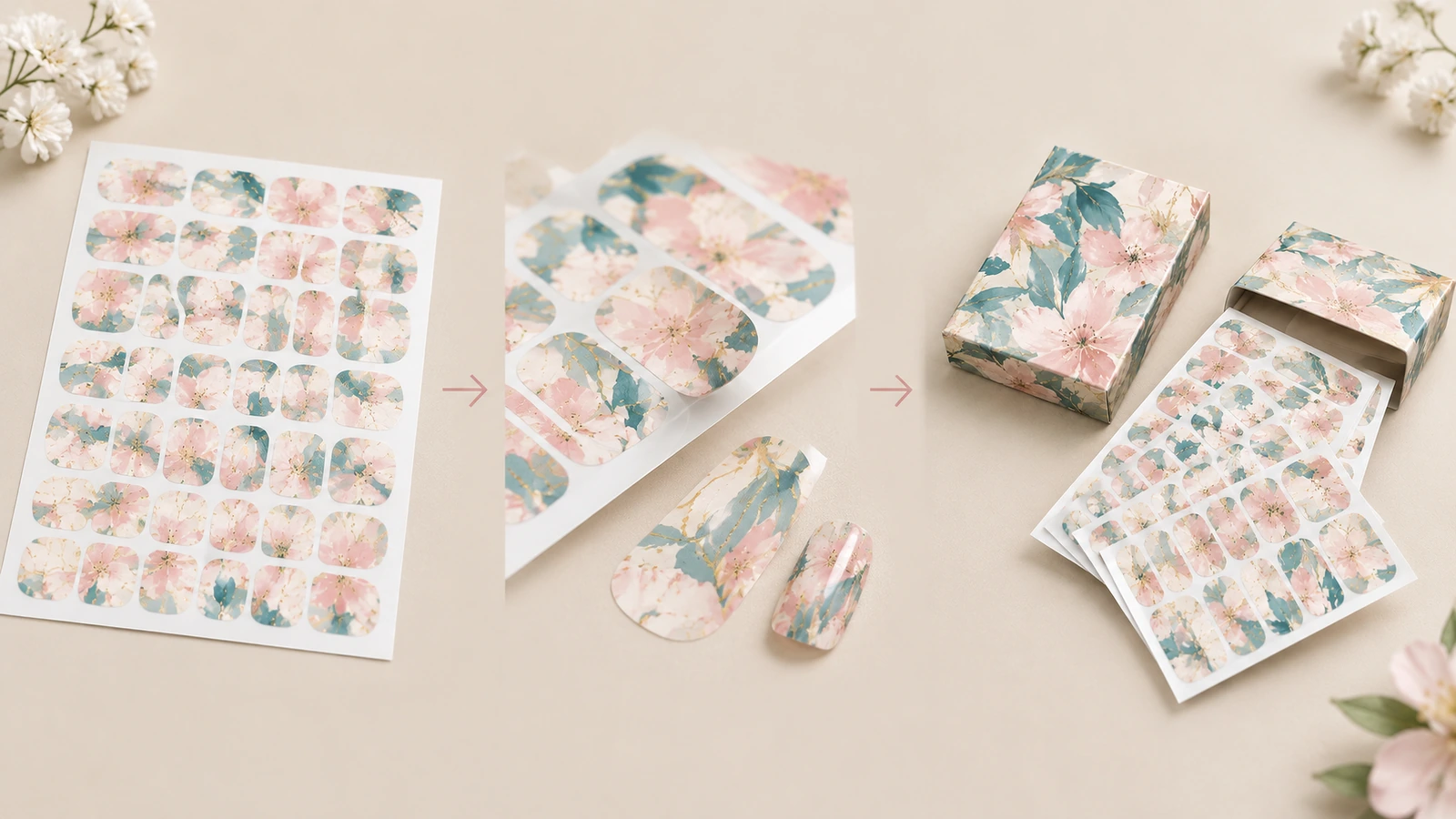 Sequenza di foglio di nail wrap floreale e confezione Sequenza illustrata di un foglio di nail wrap floreale, di wrap selezionati e di fogli in scatola