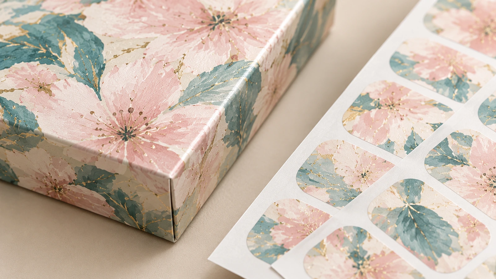Dettaglio di stampa di wrap floreali e confezioni Primo piano di fogli di nail wrap floreali accanto all'angolo di una scatola stampata abbinata