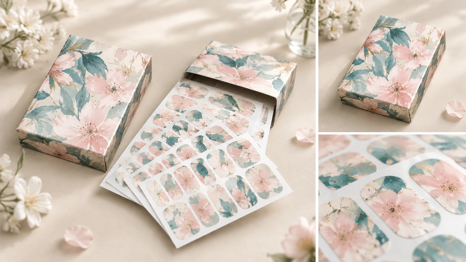 Collage di prodotti nail wrap floreali e confezioni Collage di fogli di nail wrap floreali, una scatola stampata chiusa e dettagli ravvicinati dei wrap
