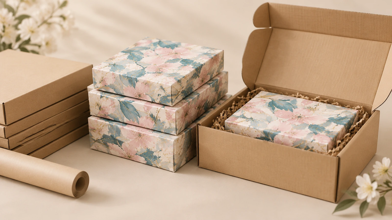 Scatole di nail wrap e busta protettiva Scatole di prodotti floreali impilate accanto a una busta postale in kraft aperta con imbottitura di carta
